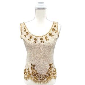 Vintage Top Tank Blouse Hand Beaded Gold Size M